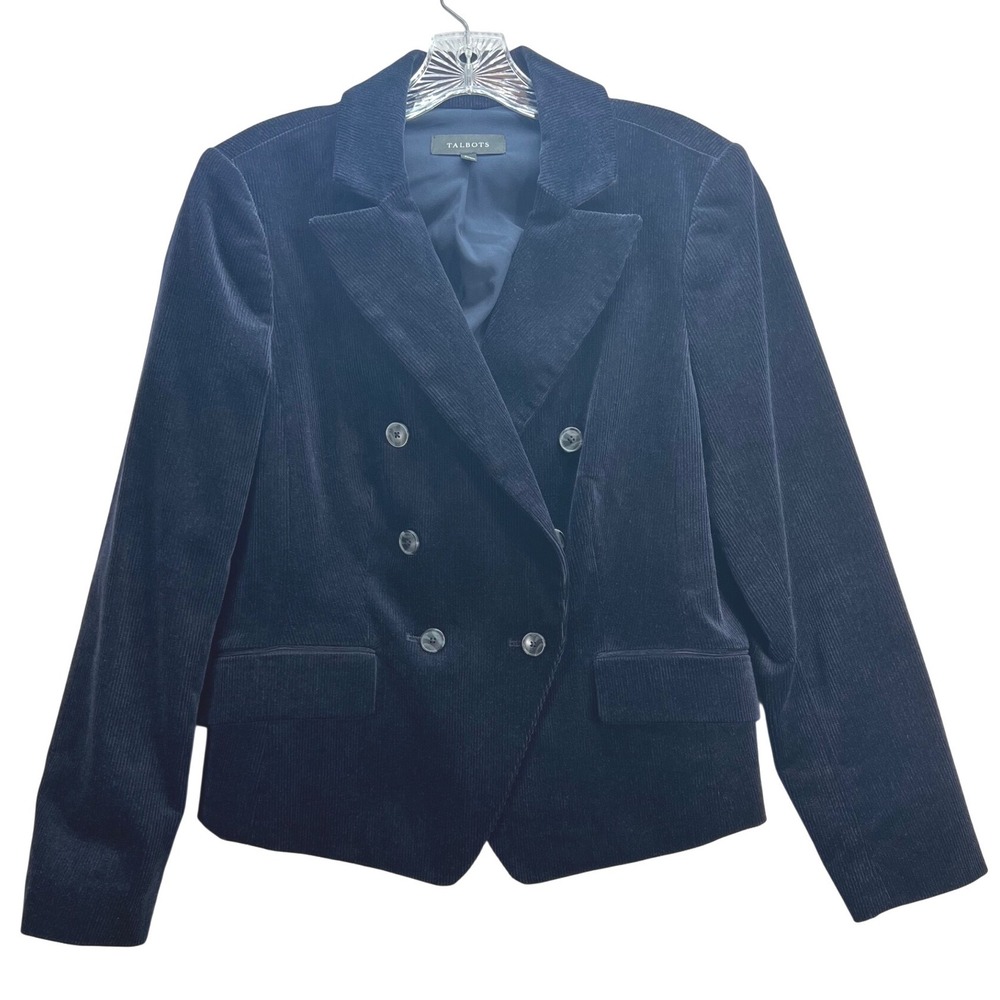 Talbots Womens 8 Navy Blue Corduroy Double Breasted Blazer Jacket Peaked Lapel